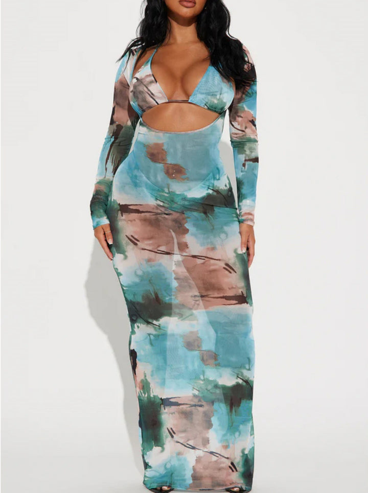 Dame Langærmet Leopardskørtdesign med Cut-Out Stilla