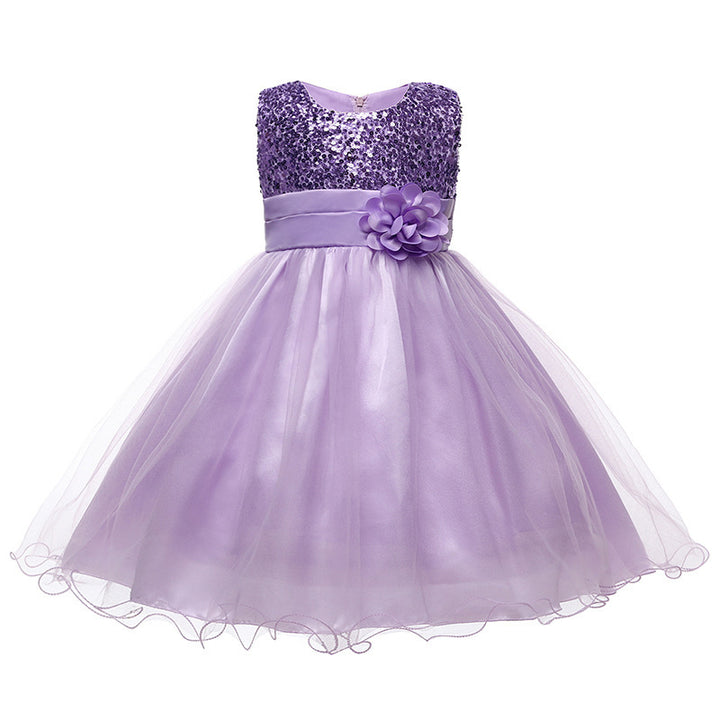 Pige Festkjole Tyllkjole med glitrende Overdel og Floralt Applikation Stilla