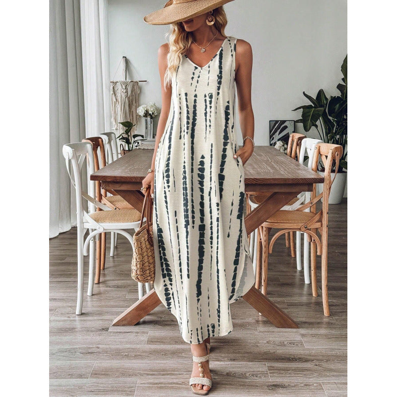 Dame Casual Maxi Kjole med Spaghetti-stropper og moderne Batikdesign Stilla