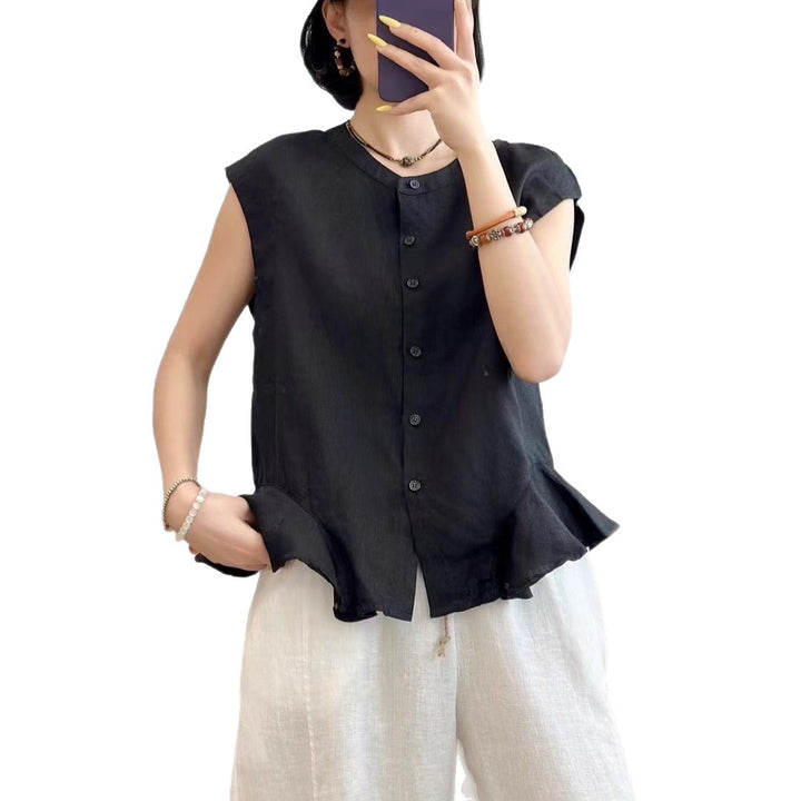 Femme Fritid Knaplukning Flounce Kant Top Stilla