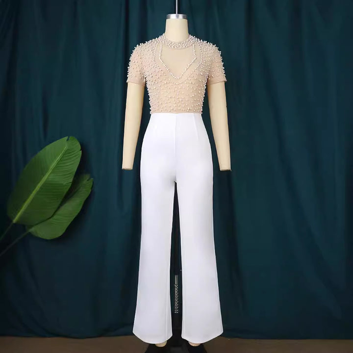 Dame elegant jumpsuit med glimrende perle detaljer Skovae