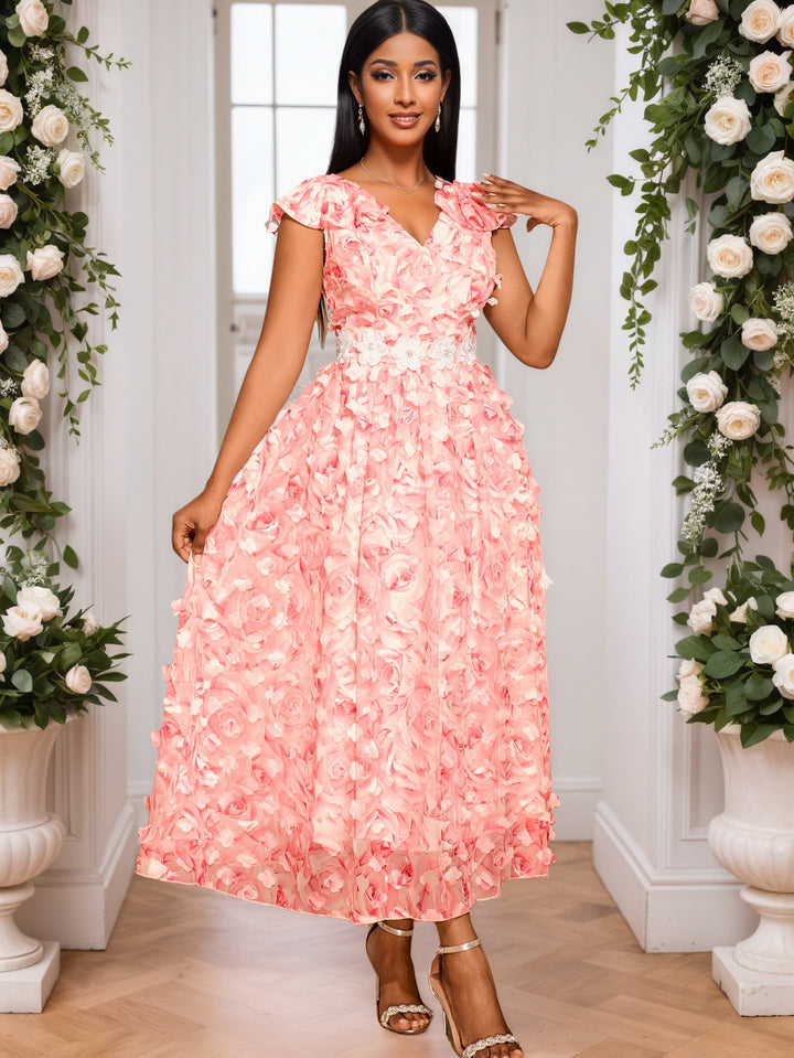 Dame Elegant Maxikjole med blomster Rüschen Skovae