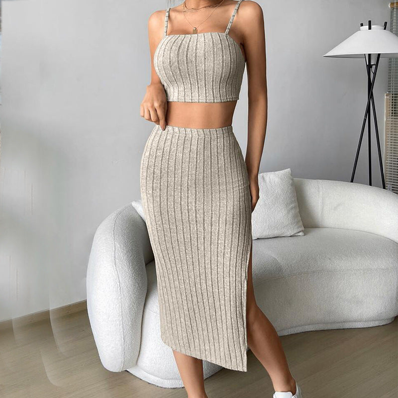 Dame Strik Crop-Top og Midi-Nederdel Sæt Stilla