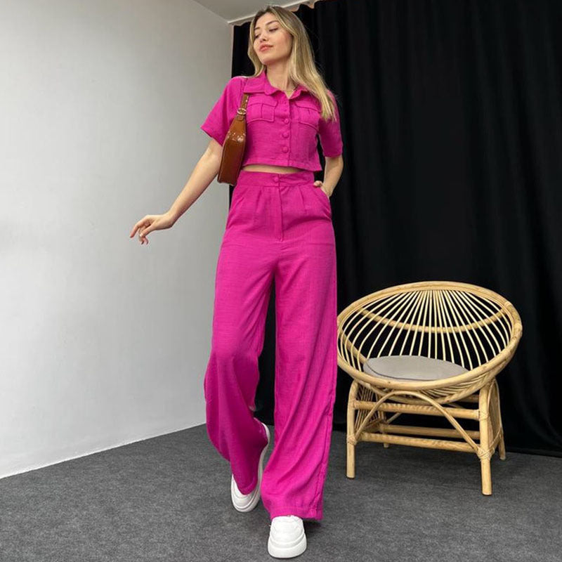 Dame Mode To-delt Sæt med cropped Bluse og vide Bukser Stilla