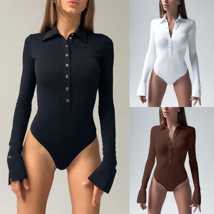Dame Langærmet bodysuit med elegant krave og gennemgående knaplukning Skovae