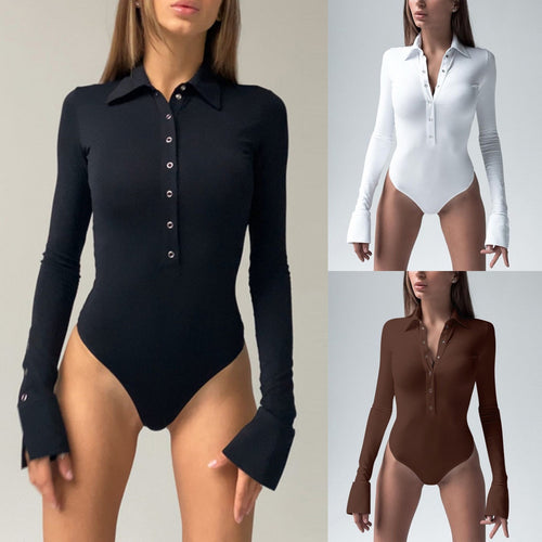 Dame Langærmet bodysuit med elegant krave og gennemgående knaplukning Skovae