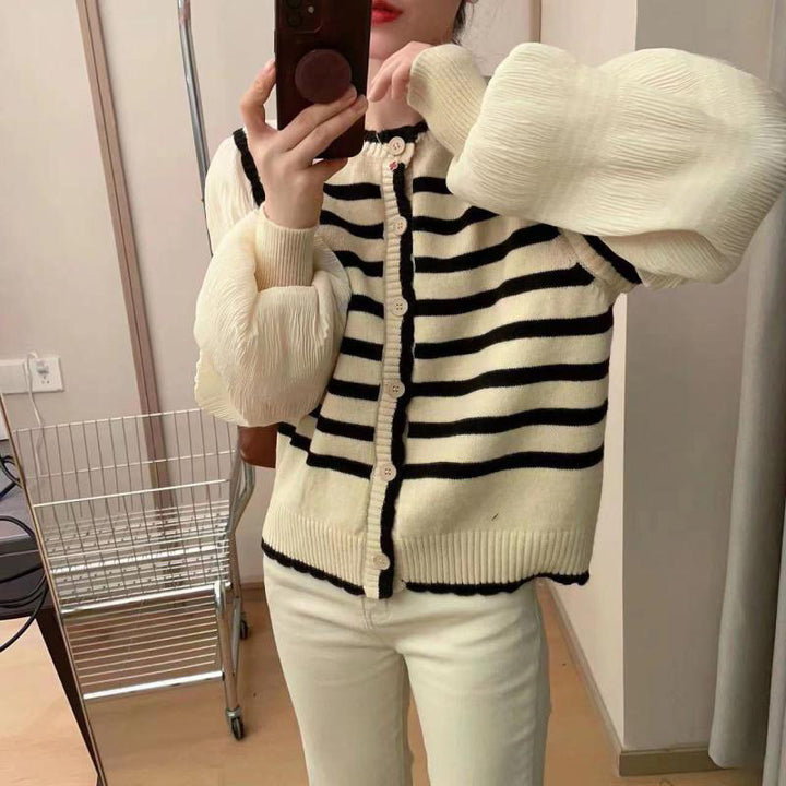 Femme Stribet Tekstureret Strik cardigan med Puffærmer Stilla
