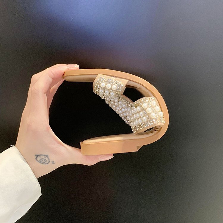 Dame mode slide-sandaler med funklende perle- og rhinestones dekoration Stilla