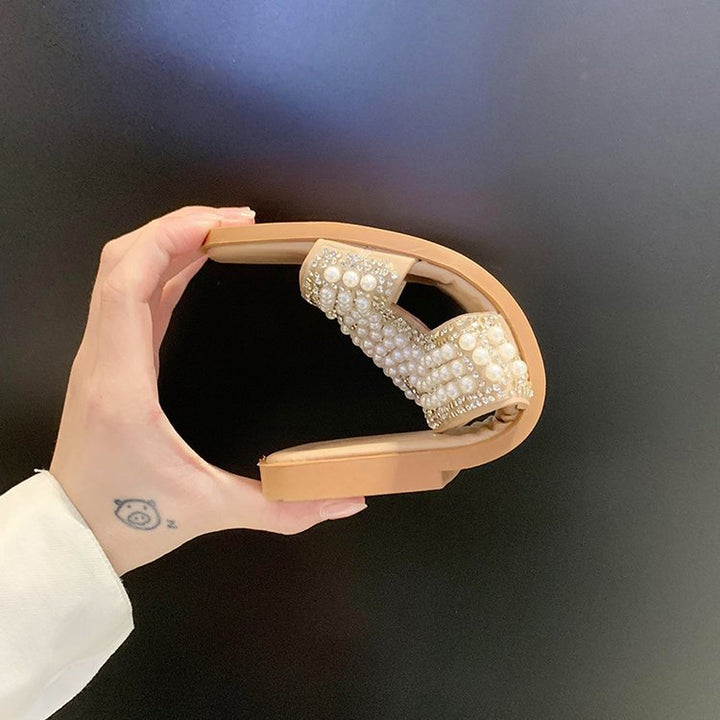 Dame mode slide-sandaler med funklende perle- og rhinestones dekoration Stilla