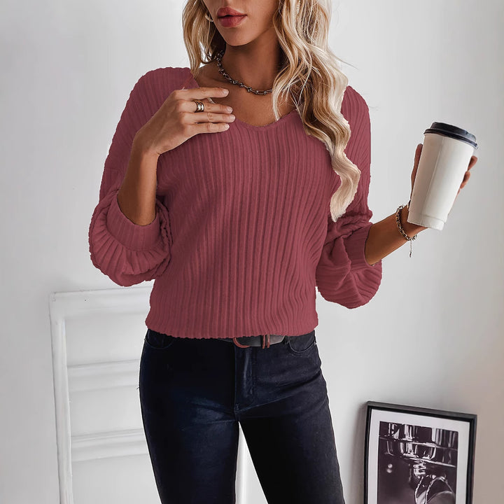 Dame afslappet ribpullover med V-hals Stilla
