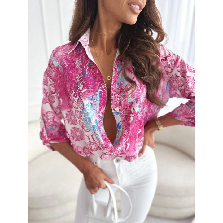 Femme Chic Trykt Knap-Mave Bluse Stilla