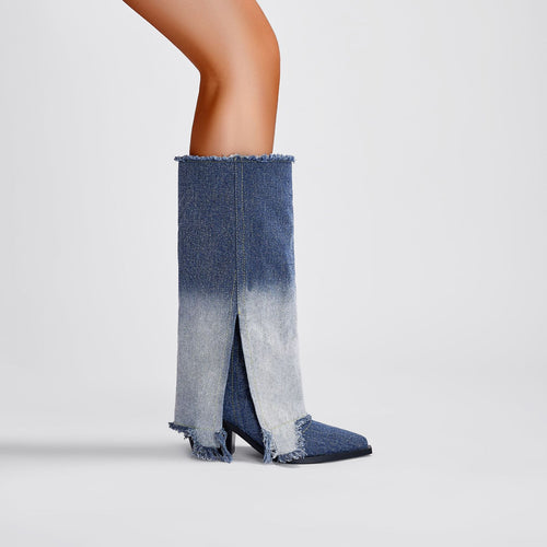Femme Distressed Denim Over-knæet Mode Støvler Stilla