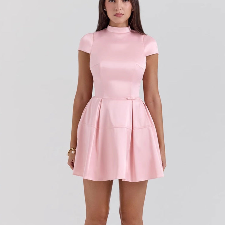 Kvinder Elegant Kort Kjole med Plisseret Nederdel og Chic Ståkrave Stilla