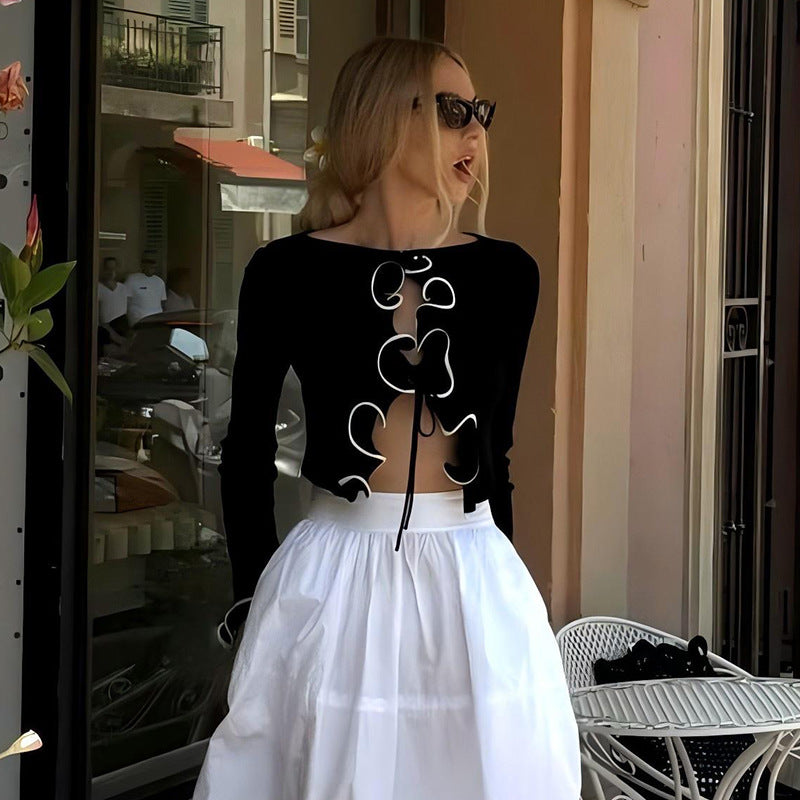 Dame cropped top med smart rynkning og lange ærmer Stilla
