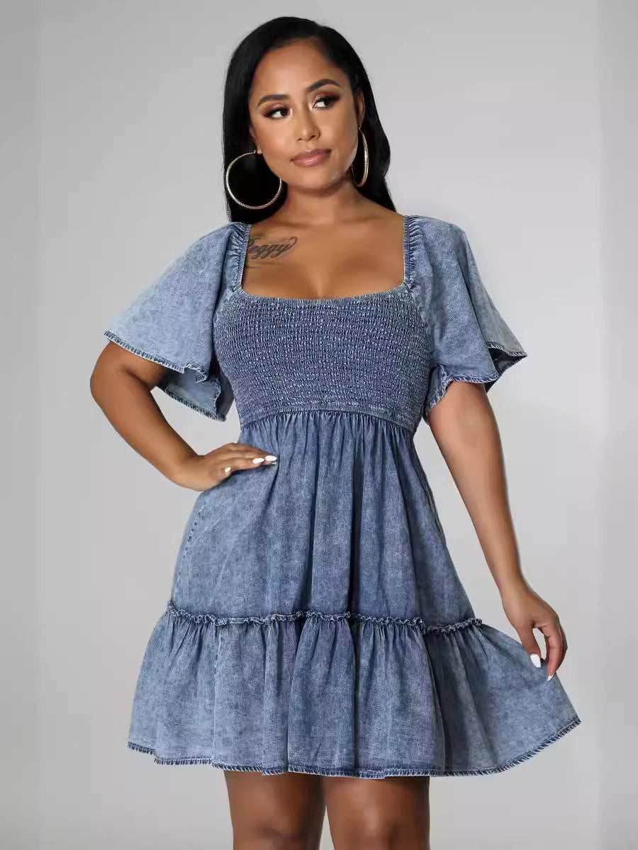 Dame Denim Kjole med luftige Rynke detaljer og elastisk Overdel Stilla