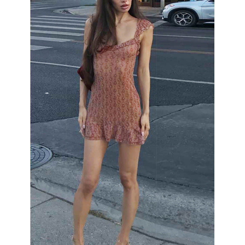 Damen Spitzen-Nachtkleid mit verzierten Rüschendetails und transparentem Stoff Skovae