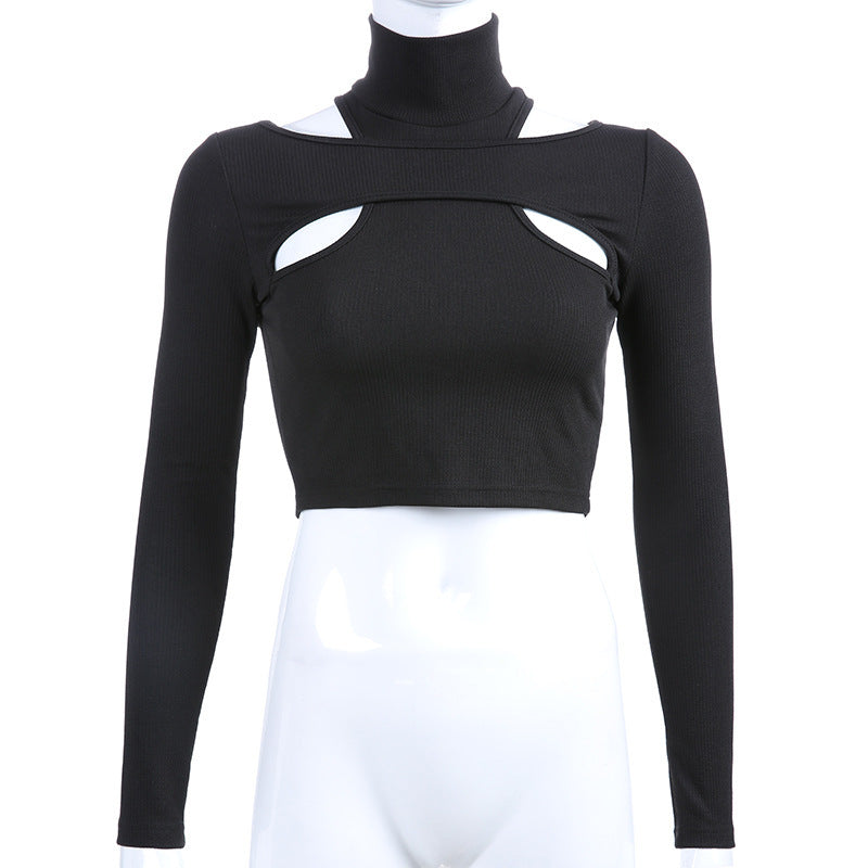 Dame trendy top med cut-outs og høj krave Skovae