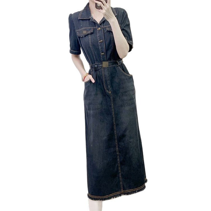 Dame Denim Kjole med taljerbar bælte og elegante lommer Stilla