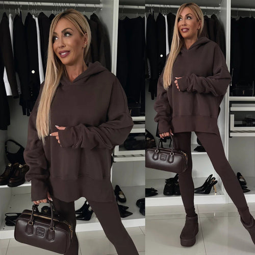 Stilla | Trendy Ensfarvet Trykt Hoodie Sæt