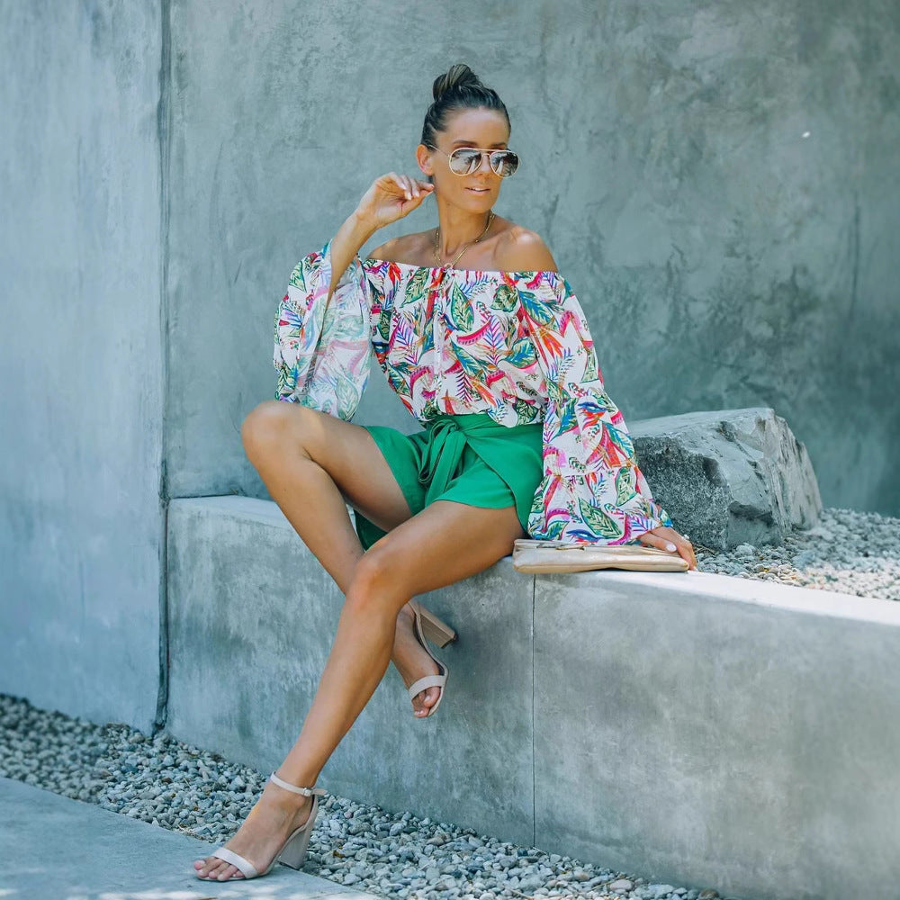 Dame Off-Shoulder Bluse med blomstertryk og vidde ærmer Stilla