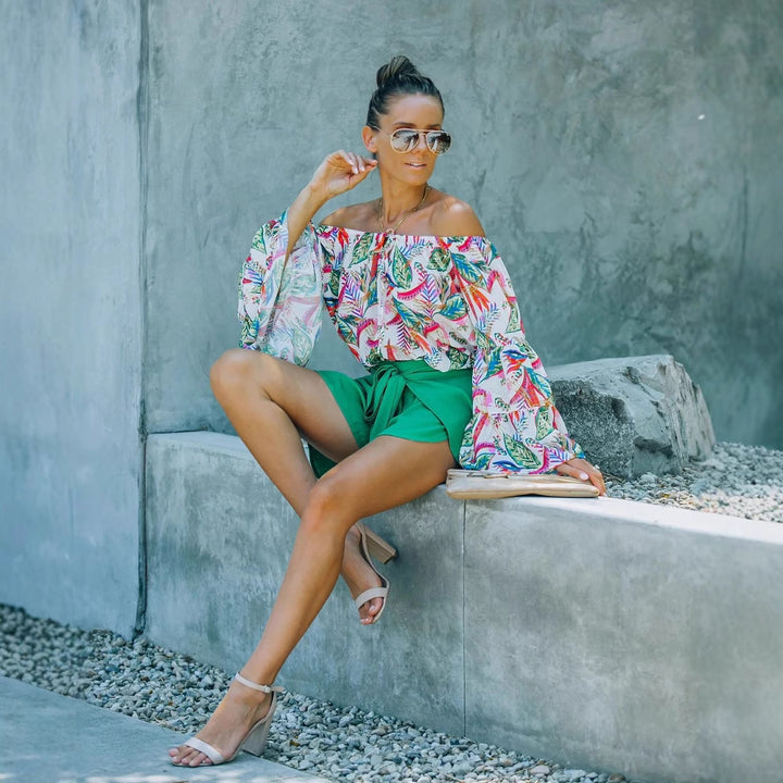 Dame Off-Shoulder Bluse med blomstertryk og vidde ærmer Stilla