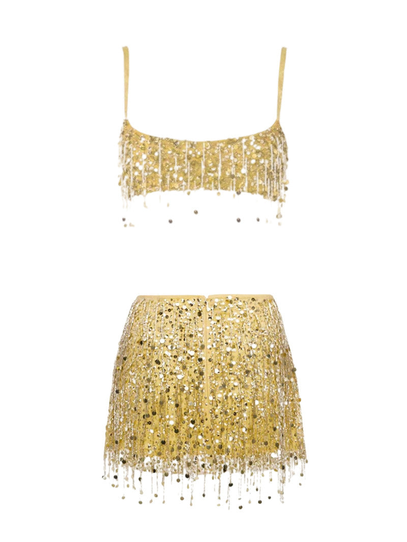 Dame Glitrende Crop-Top og Mini Skirt Sæt med Frynser Skovae