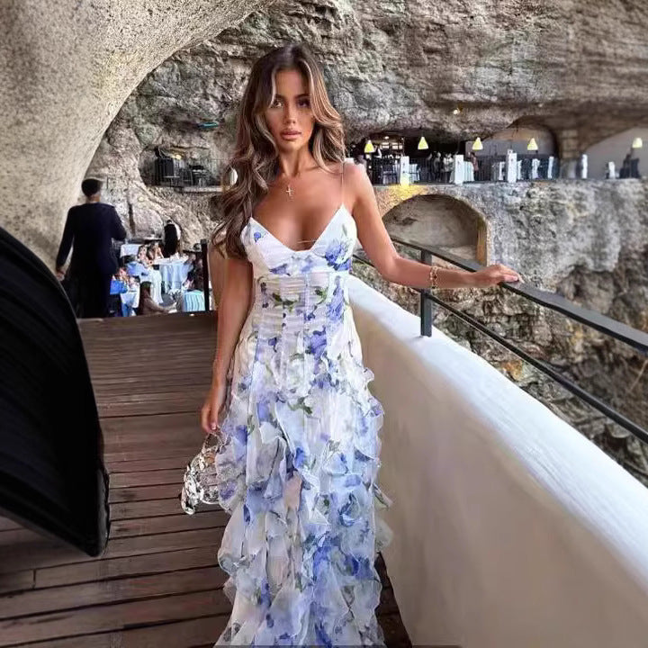 Dame maxikjole med elegante volangdetaljer og blomstret design Stilla