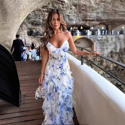 Dame maxikjole med elegante volangdetaljer og blomstret design Stilla