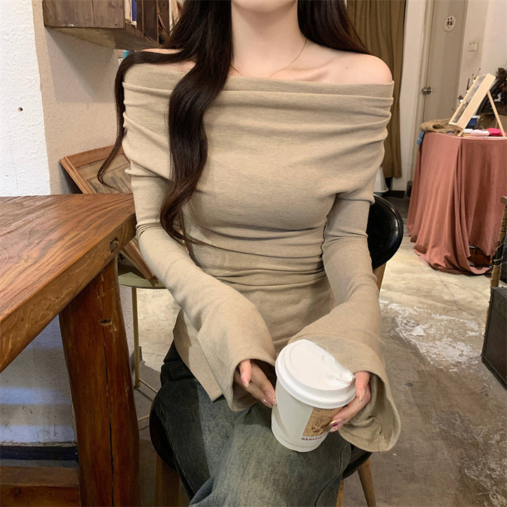 Dame Cowl Neck Langærmet Top med elegant Drapering Detalje Stilla