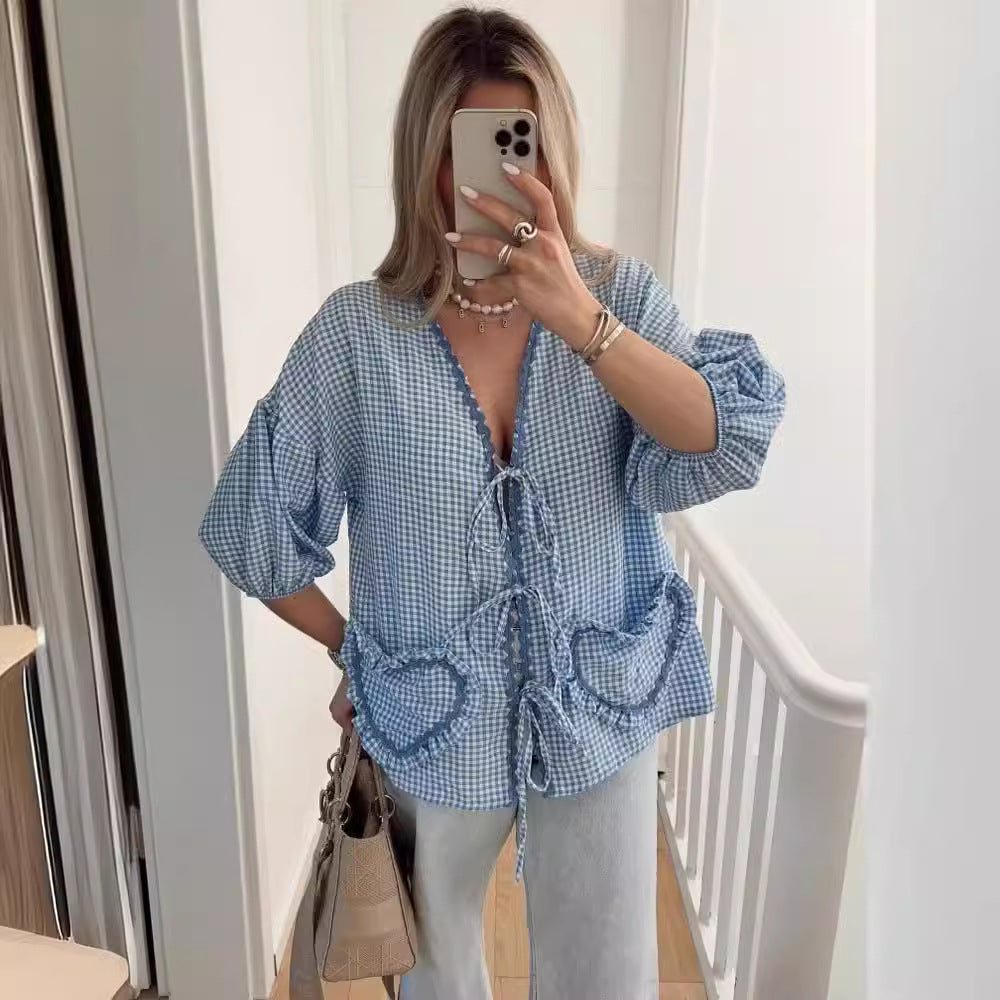Dame Luftig Bluse med Hjerte-Applikationer og moderne Ruffle-detaljer Stilla