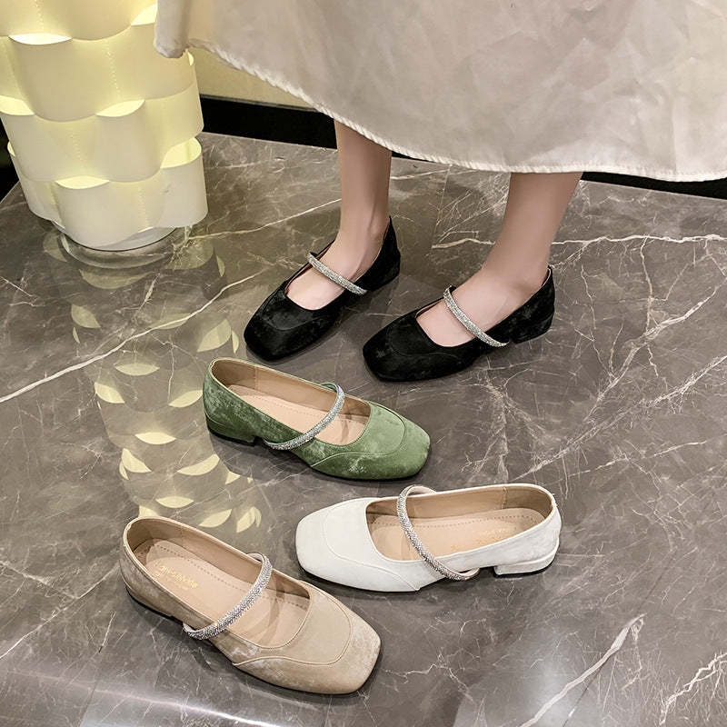 Dame Elegant Kvadrat Tæer Mary Jane Ballerinas med Rhinestone Remme Stilla