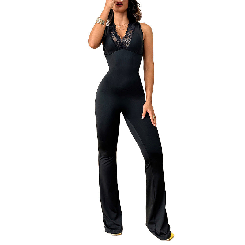 Kvinders elegante jumpsuit med blonder trim og vide ben Stilla