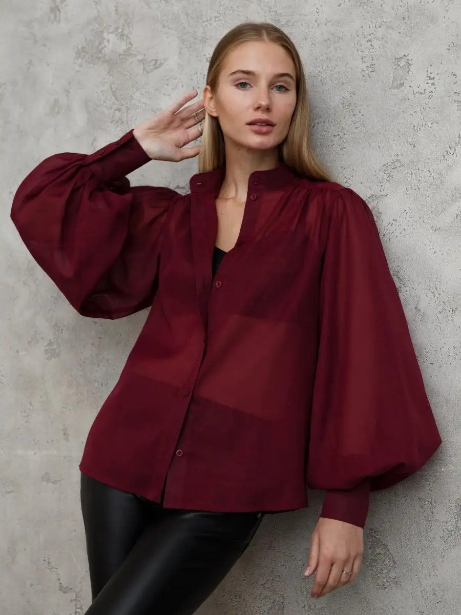 Damer Elegant Bluse med voluminøse Puffærmer og gennemsigtigt Stof Stilla