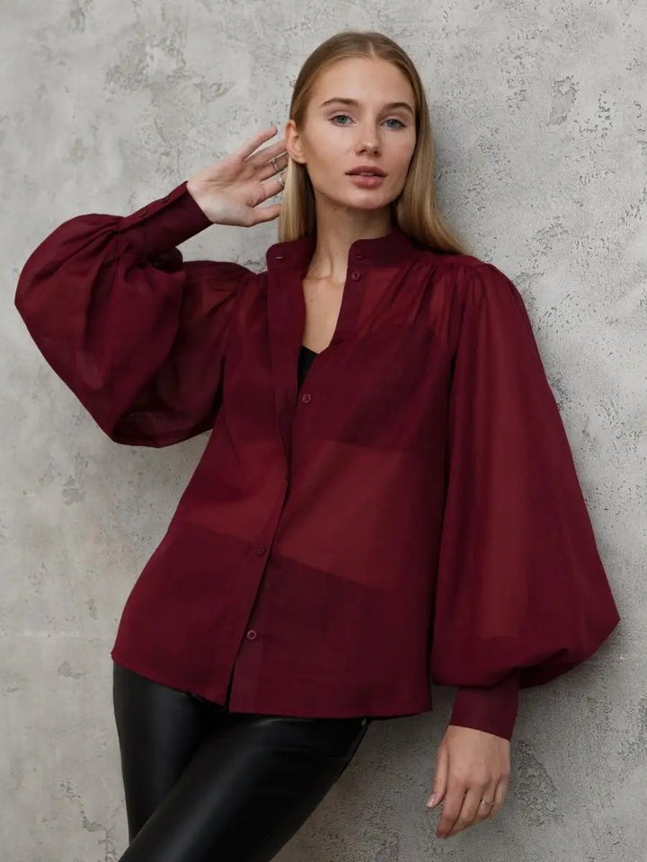 Damer Elegant Bluse med voluminøse Puffærmer og gennemsigtigt Stof Stilla