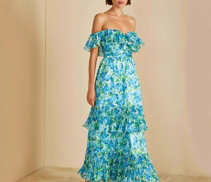 Dame Maxikjole med voluminøse flæser og Off-Shoulder-udskæring Stilla