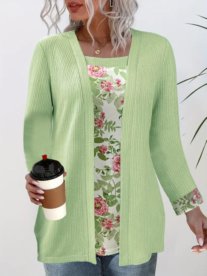 Dame afslappet cardigan med blomstret inderfór Stilla