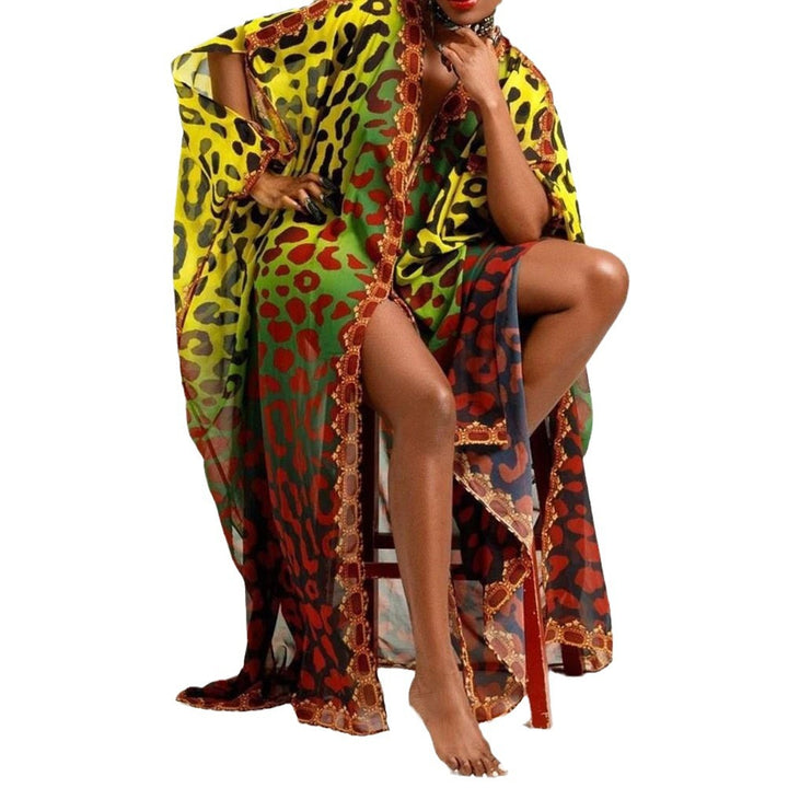 Dame Chiffon Kaftan med livligt dyreprint-design og udvidede ærmer Stilla