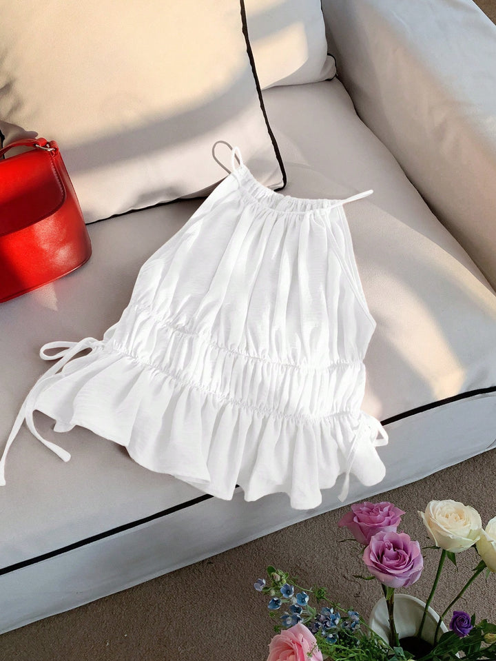 Dame afslappet ruffled top med justerbare stropper og elastisk talje Skovae