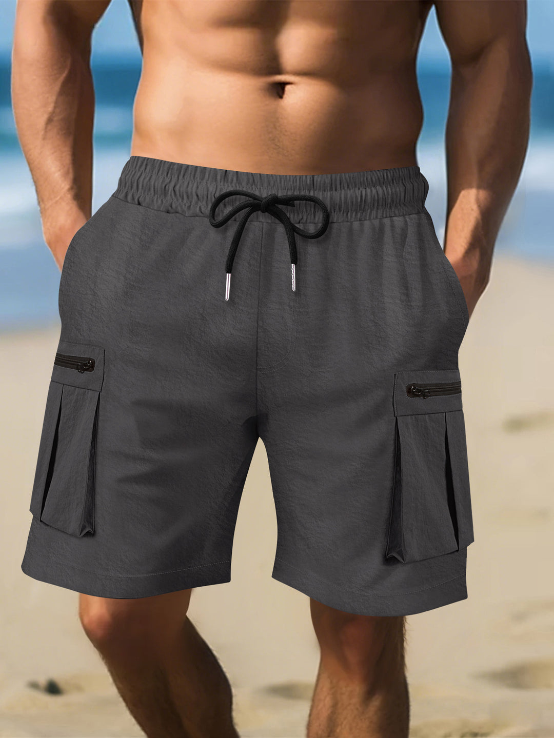 Herre Cargo-shorts med praktiske lynlåslommer og elastisk linning Stilla