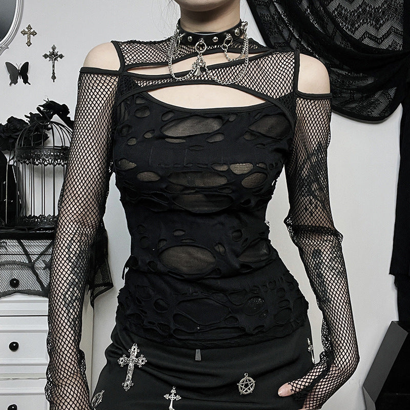 Dame Mode top med transparent mesh design og raffinerede cut-outs Skovae