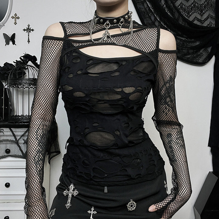 Dame Mode top med transparent mesh design og raffinerede cut-outs Skovae