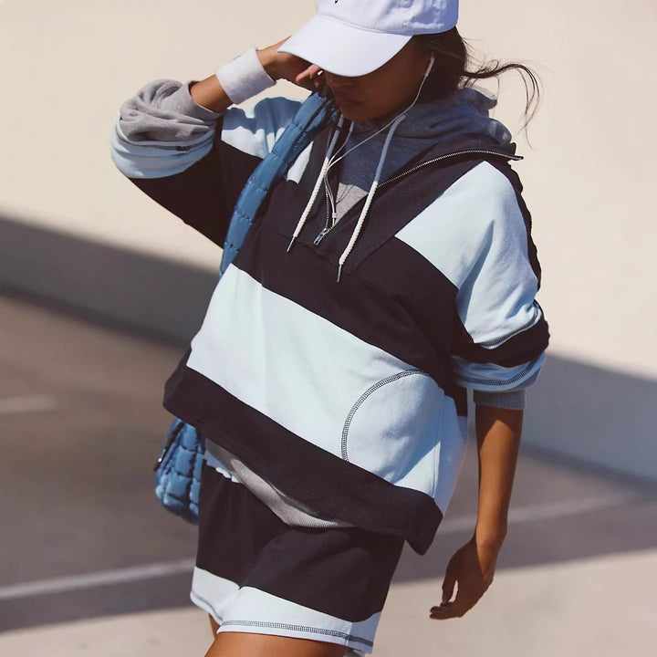 Dame sporty kortærmet hoodie og shorts sæt med høj kvalitet lynlås og afslappet pasform