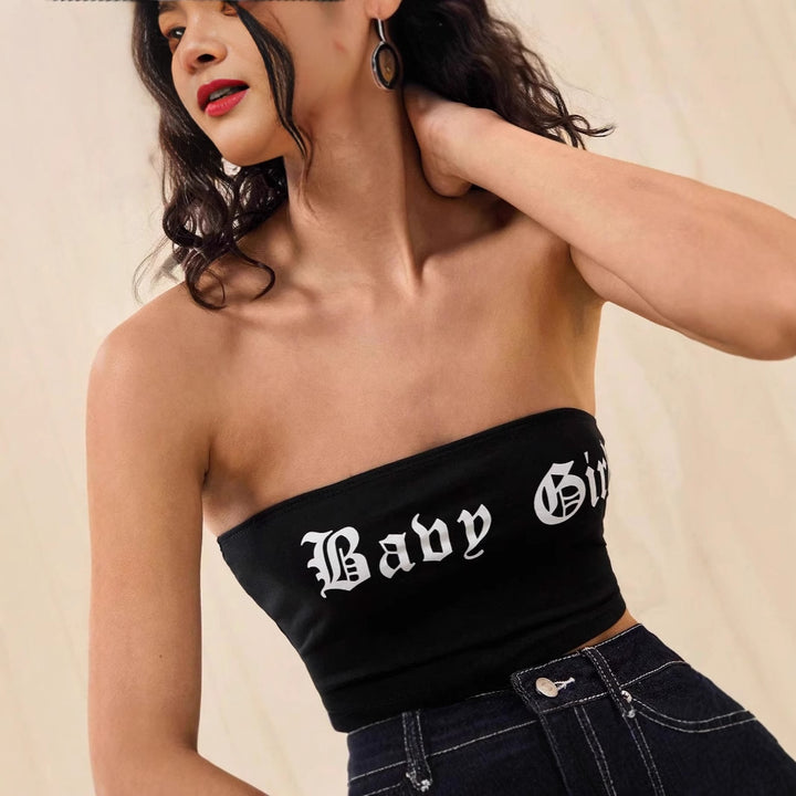 Dame Bandeau-top med kreativ tekst Skovae