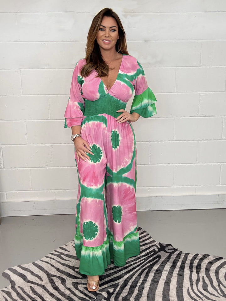 Dame Elegant Vinkle-Jumpsuit med Flæseærmer og Talje Stilla