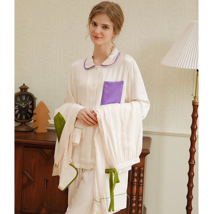 Dame Satin Pyjamas Sæt med elegante kanter og løs pasform Stilla