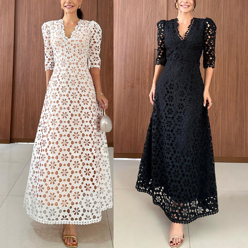 Dame spids-maxikjole med gennembrudt design og elegante puffærmer Stiila