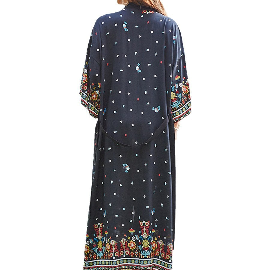 Dame luftig strandkaftan med farverigt blomsterbroderi Stilla