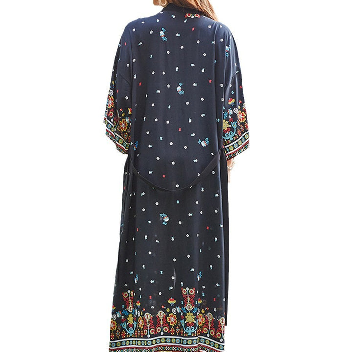 Dame luftig strandkaftan med farverigt blomsterbroderi Stilla