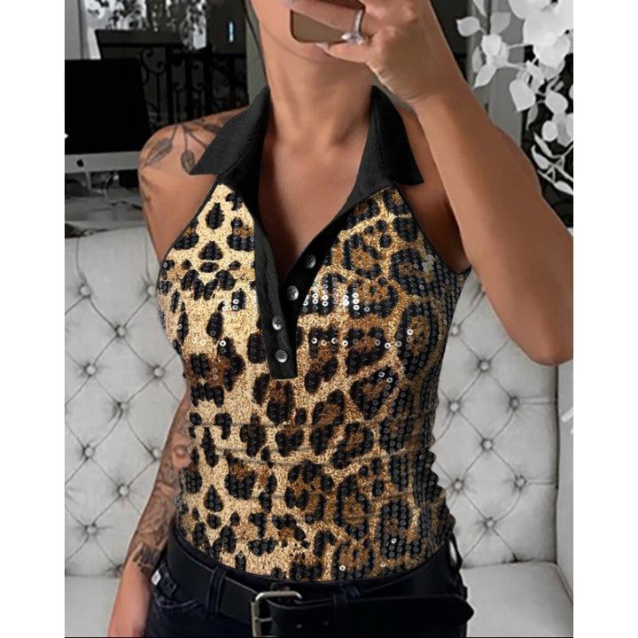 Dame Elegant Paillet-Leopardmønster Polo Top Stilla