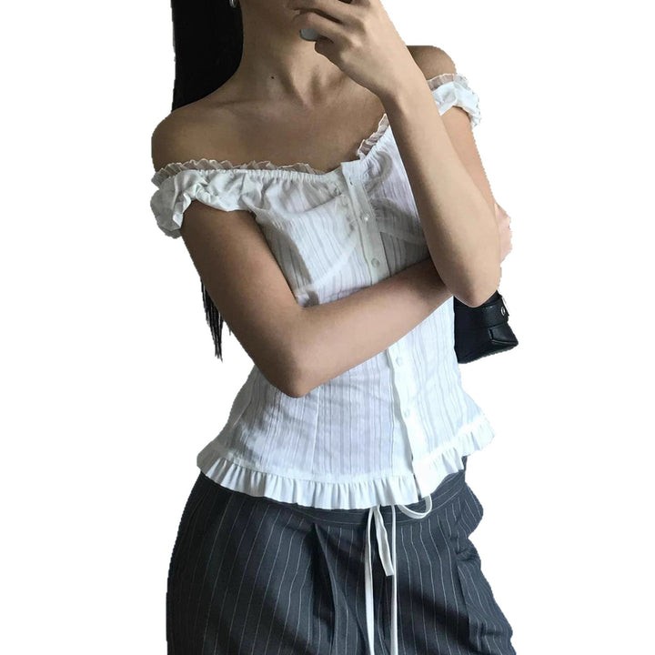 Dame Off-Shoulder Bluse med flæsekanter og knapdetaljer Skovae